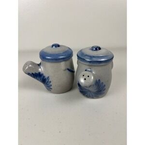 Rowe Pottery Works Salt Glaze Stoneware Salt and Pepper Shakers Blue Floral Grey